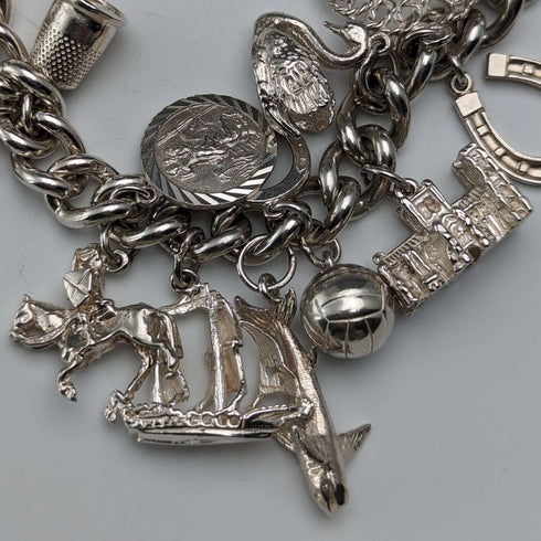 British vintage sterling silver charm bracelet 100g