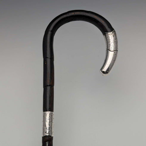 Circa 1910 British Antique Ladies Cane, Curved Handle, Sterling Silver Decoration, 83cm