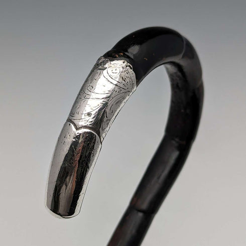 Circa 1910 British Antique Ladies Cane, Curved Handle, Sterling Silver Decoration, 83cm