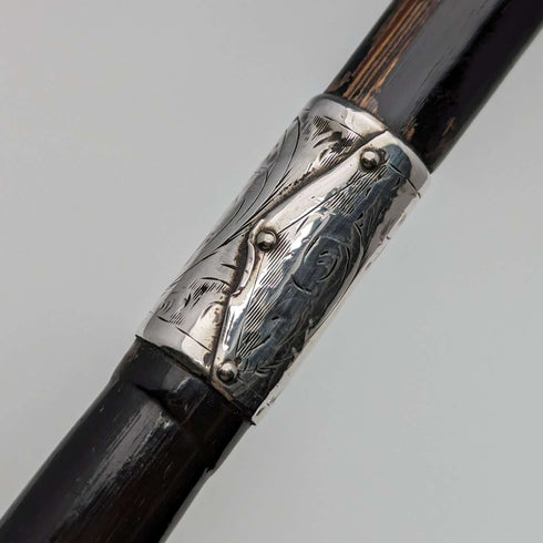 Circa 1910 British Antique Ladies Cane, Curved Handle, Sterling Silver Decoration, 83cm