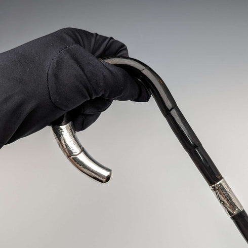 Circa 1910 British Antique Ladies Cane, Curved Handle, Sterling Silver Decoration, 83cm