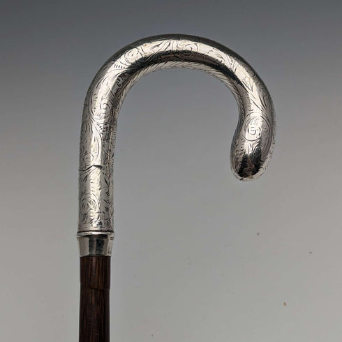 Paraguas antiguo para dama, Reino Unido, 1914, mango curvo de plata pura, 93 cm