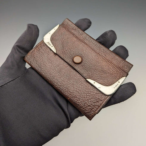 Monedero de cuero con adornos de plata de ley, antiguo, británico, 1917, Frederick Wilson