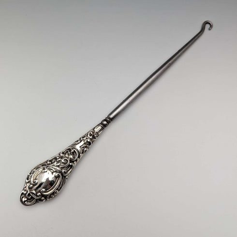 1907年 英国アンティーク 純銀ハンドル 大型ボタンフック 24cm