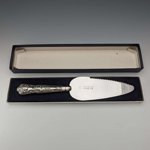 Cuchillo para pasteles vintage británico de 1992, con mango de plata esterlina, en su caja, Harrison Brothers