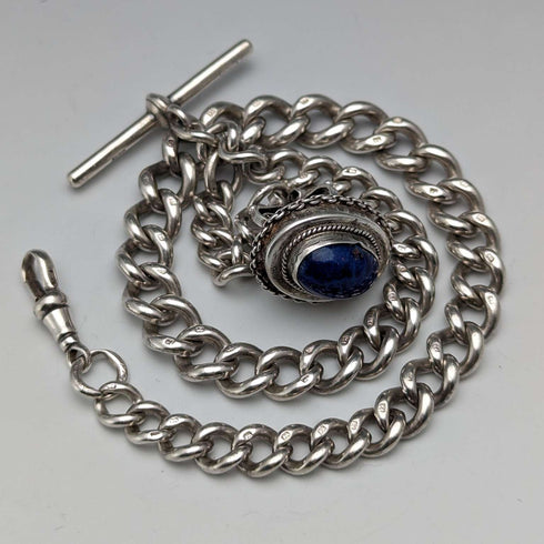 Late 19th Century British Antique Sterling Silver Albert Chain 61g Lapis Lazuli Fob