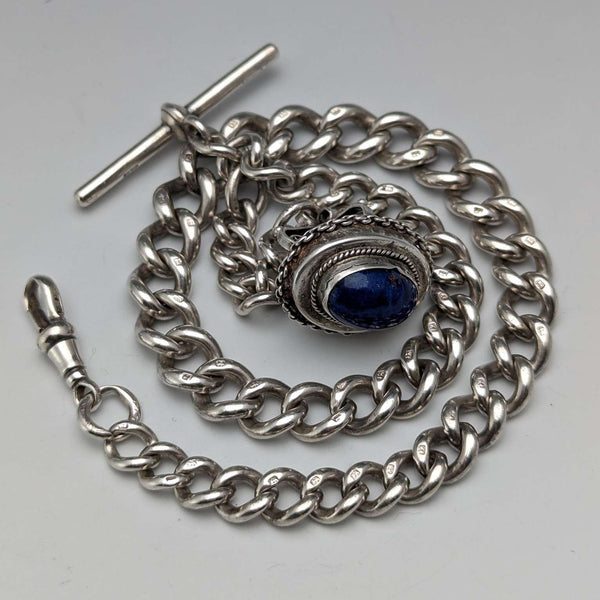 Cadena Albert de plata esterlina antigua inglesa de finales del siglo XIX, 61 g, con dije de lapislázuli
