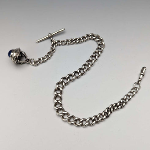 Late 19th Century British Antique Sterling Silver Albert Chain 61g Lapis Lazuli Fob