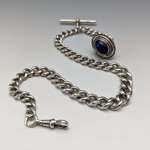 Late 19th Century British Antique Sterling Silver Albert Chain 61g Lapis Lazuli Fob