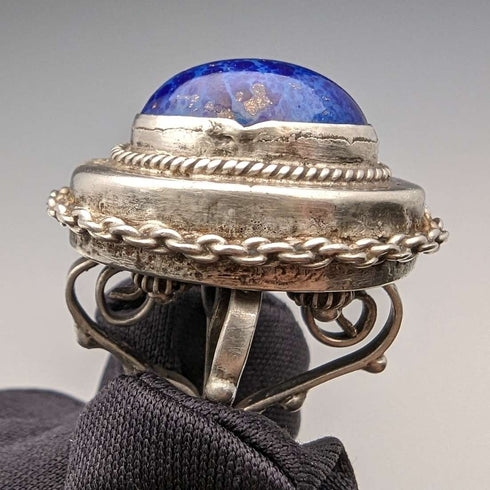 Late 19th Century British Antique Sterling Silver Albert Chain 61g Lapis Lazuli Fob