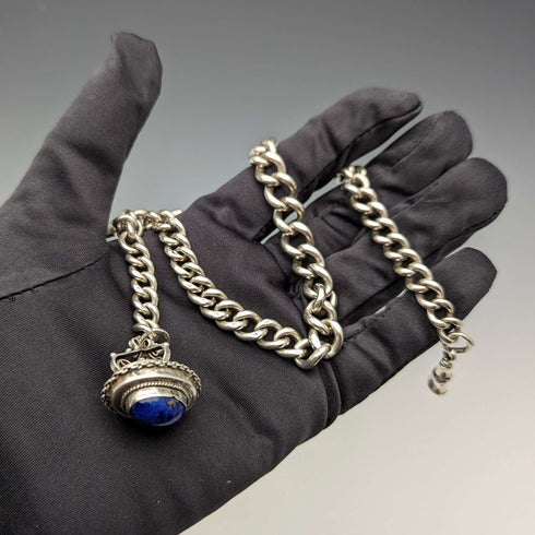 Late 19th Century British Antique Sterling Silver Albert Chain 61g Lapis Lazuli Fob