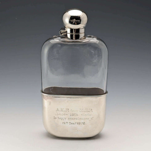 1895年 英国アンティーク 純銀&ガラス スキットル ヒップフラスコ James Dixon and Sons