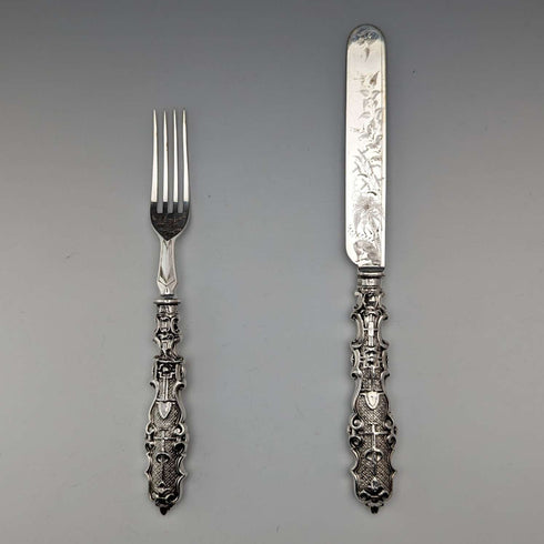 Circa 1860 British Antique Sterling Silver Handle Dessert Cutlery Pair