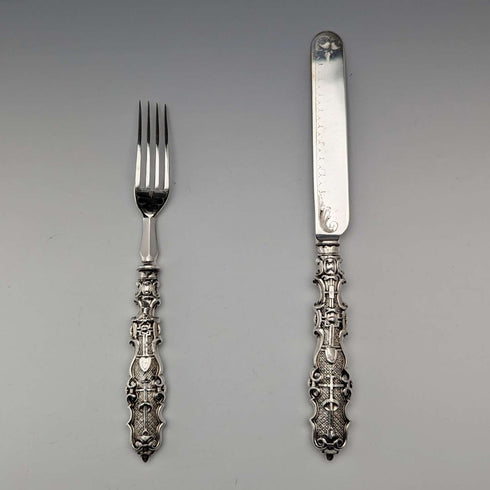 Circa 1860 British Antique Sterling Silver Handle Dessert Cutlery Pair
