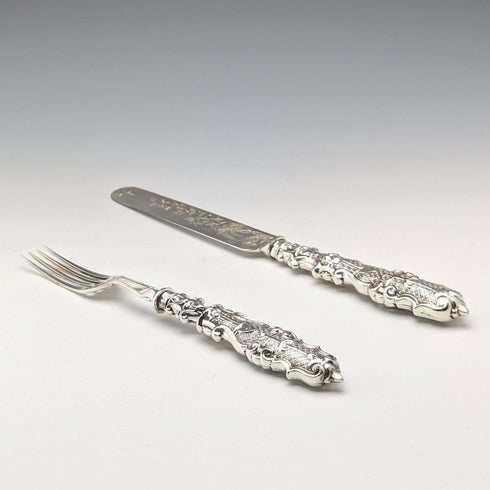 Circa 1860 British Antique Sterling Silver Handle Dessert Cutlery Pair