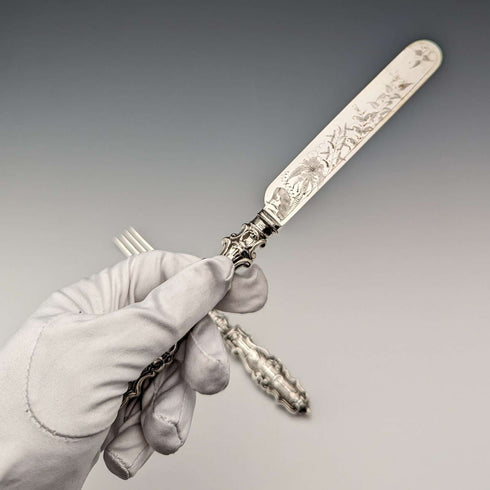 Circa 1860 British Antique Sterling Silver Handle Dessert Cutlery Pair