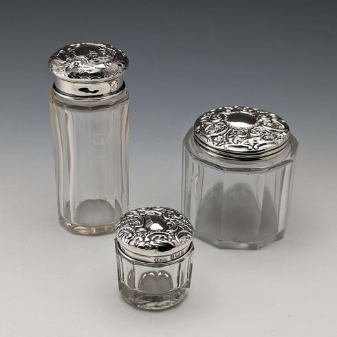 Circa 1903 British Antique Sterling Silver Lid Glass Jar Set of 3