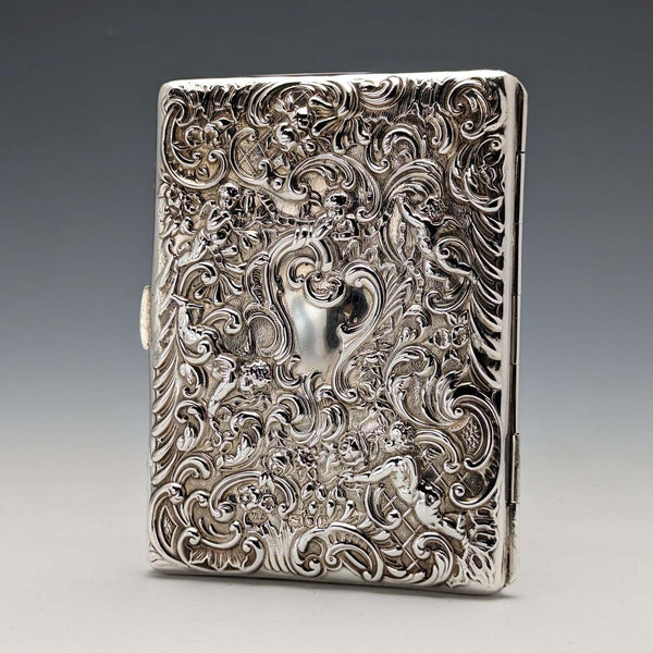 1900 British Antique Angel Sculpture Double Open Sterling Silver Card Case 117g WILLIAM COMYNS