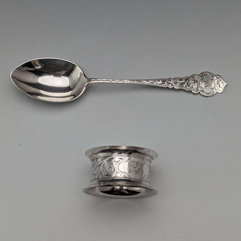 1900년경 영국 앤틱 순은 스푼, 냅킨 링 세트 총 36g 케이스 포함 Hilliard and Tomason