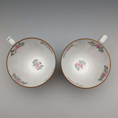20世纪前半 英国古董 明顿(Minton)茶杯三件套 一对 绿彩凤鸟纹
