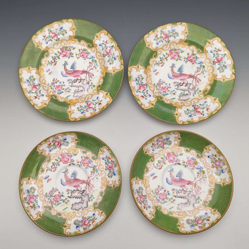 20世纪前半 英国古董 明顿(Minton)茶杯三件套 一对 绿彩凤鸟纹