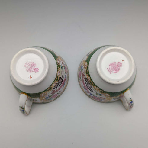20世纪前半 英国古董 明顿(Minton)茶杯三件套 一对 绿彩凤鸟纹