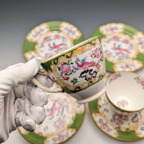 20世纪前半 英国古董 明顿(Minton)茶杯三件套 一对 绿彩凤鸟纹