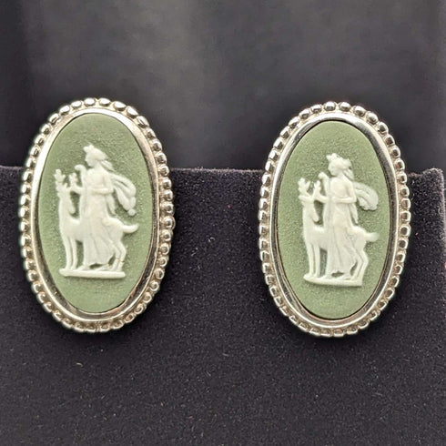British Vintage Wedgwood Sterling Silver & Green Jasper Pendant and Earrings Set