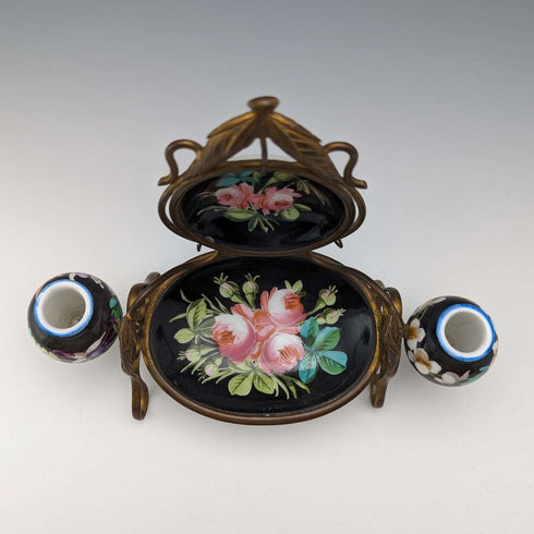 Circa 1900 British Antique Brass, Ceramic Pocket Watch Holder Accessory Tray