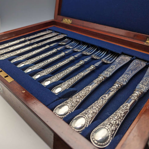 1871 年英國古董純銀魚餐具組 6 對共 607 克 Martin and Hall 木盒