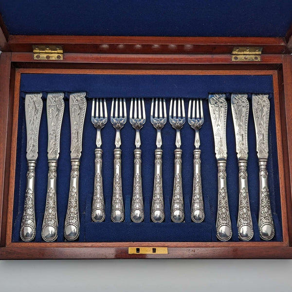 Set de cubiertos para pescado de plata esterlina británica antigua, 1871, 6 pares, 607g en total, Martin and Hall, en caja de madera