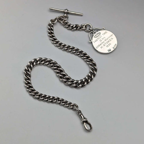 1910 British antique sterling silver Albert chain, extra thick 65g medal fob