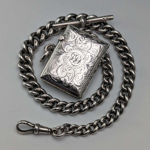 Cadena Albert de plata esterlina antigua inglesa, aprox. 1900, extra gruesa 74g, con estuche para cerillas (vesta case)