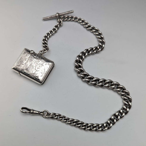 Cadena Albert de plata esterlina antigua inglesa, aprox. 1900, extra gruesa 74g, con estuche para cerillas (vesta case)