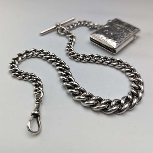 Cadena Albert de plata esterlina antigua inglesa, aprox. 1900, extra gruesa 74g, con estuche para cerillas (vesta case)