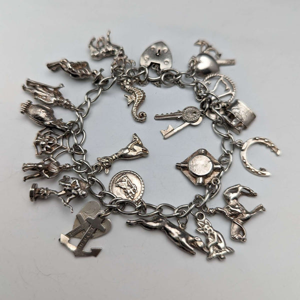 British Vintage Sterling Silver Charm Bracelet 47g WJS