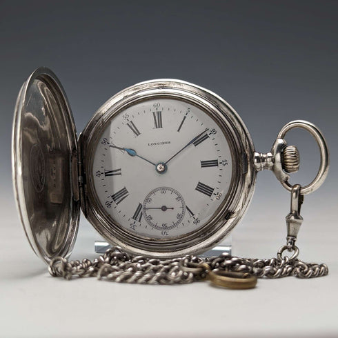 Circa 1908 Antique Longines Pocket Watch, Engraved Silver Side Hunter Case, Good Working Condition, Chain Included