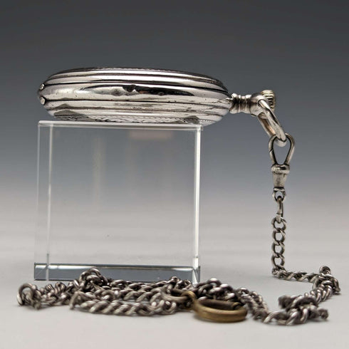 Circa 1908 Antique Longines Pocket Watch, Engraved Silver Side Hunter Case, Good Working Condition, Chain Included