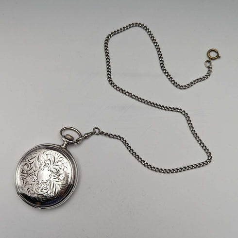 Circa 1908 Antique Longines Pocket Watch, Engraved Silver Side Hunter Case, Good Working Condition, Chain Included
