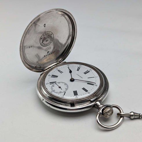 Circa 1908 Antique Longines Pocket Watch, Engraved Silver Side Hunter Case, Good Working Condition, Chain Included
