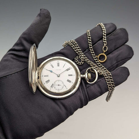 Circa 1908 Antique Longines Pocket Watch, Engraved Silver Side Hunter Case, Good Working Condition, Chain Included
