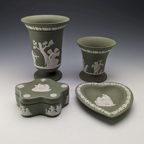 British Vintage Wedgwood Green Jasperware 4-piece set