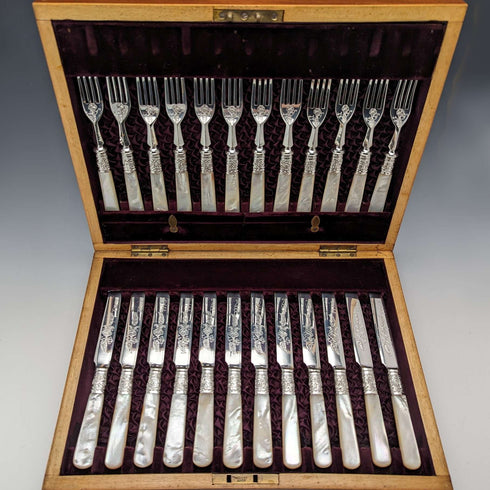 1898 British antique white mother-of-pearl handle dessert cutlery set of 12 in wooden box