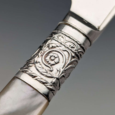 1898 British antique white mother-of-pearl handle dessert cutlery set of 12 in wooden box