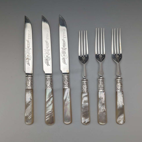 1898 British antique white mother-of-pearl handle dessert cutlery set of 12 in wooden box