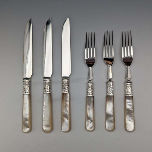 1898 British antique white mother-of-pearl handle dessert cutlery set of 12 in wooden box