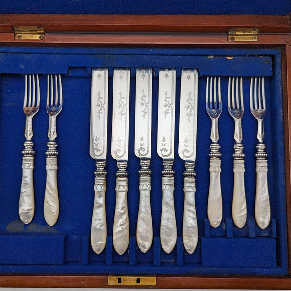 约1870年 英国古董 雕花白蝶贝手柄水果刀叉五对套装 带木盒 MARTIN HALL