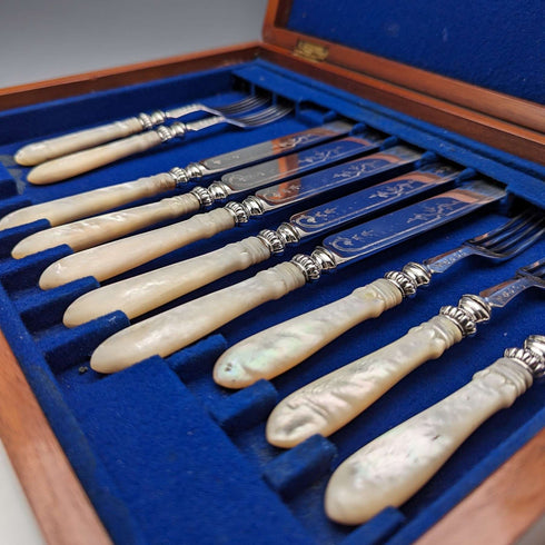 1870 British antique carved mother-of-pearl handle fruit cutlery set of 5 pairs in wooden box by MARTIN HALL
