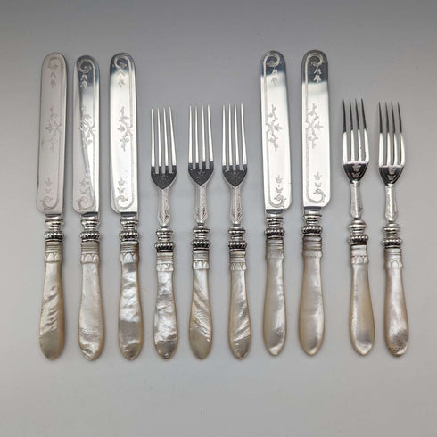 1870 British antique carved mother-of-pearl handle fruit cutlery set of 5 pairs in wooden box by MARTIN HALL