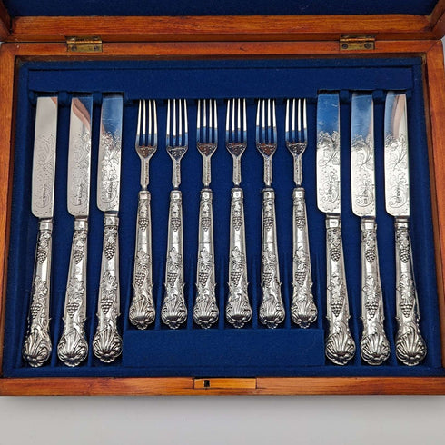 Juego de cubiertos para fruta de plata esterlina, 6 pares, total 561 g, William Sansom, antigüedad británica de 1842, en caja de madera